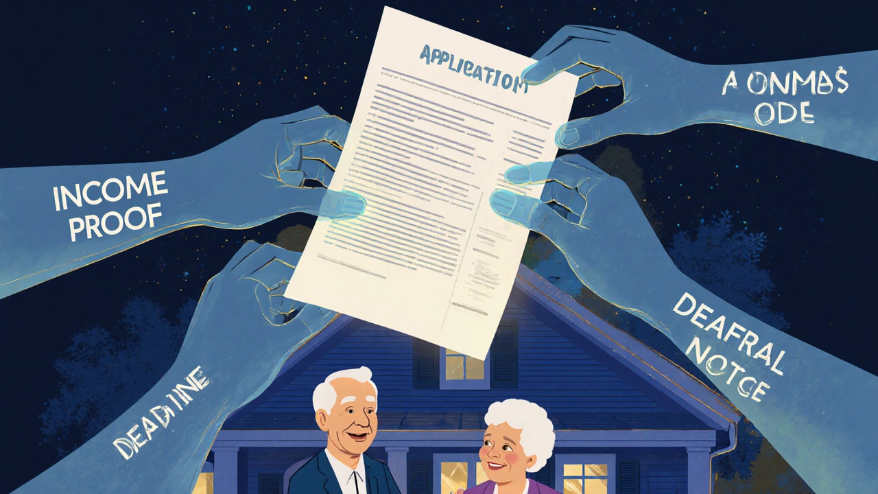 A symbolic image of a tax bill being lifted from a house by hands representing application, proof, and deadline.