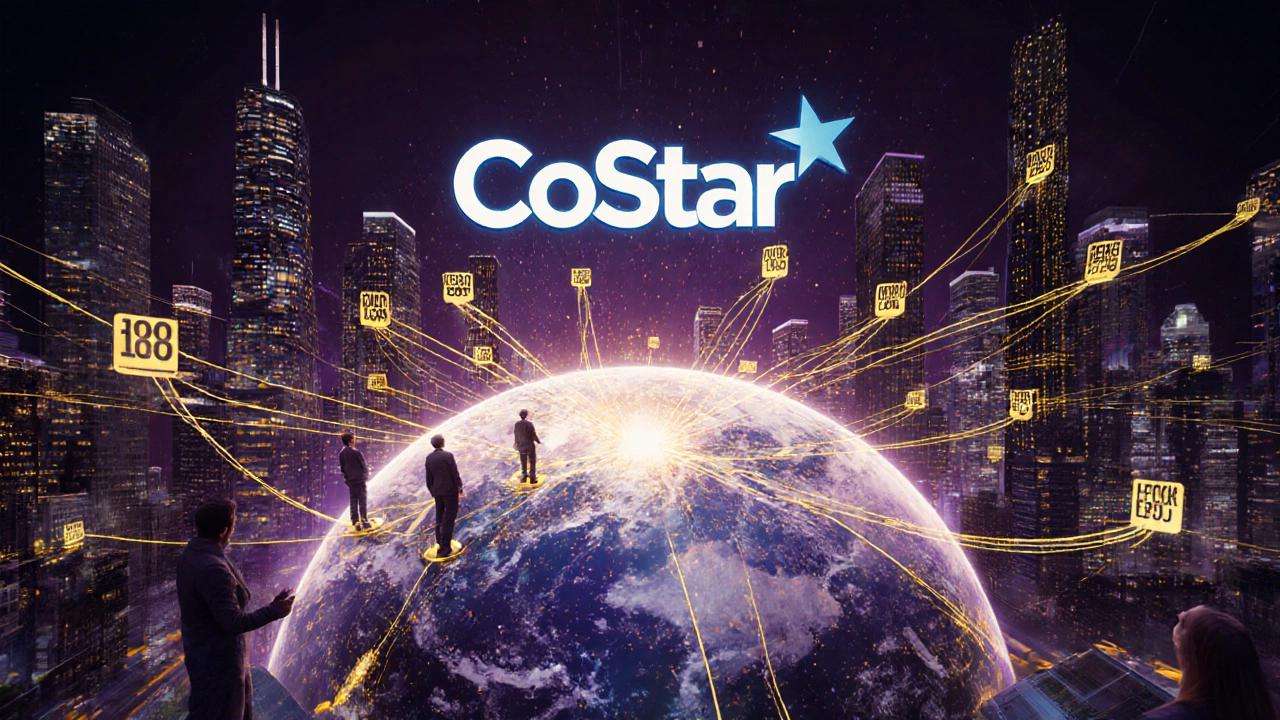 Abstract network of golden data threads connecting global cities under a glowing CoStar hologram.