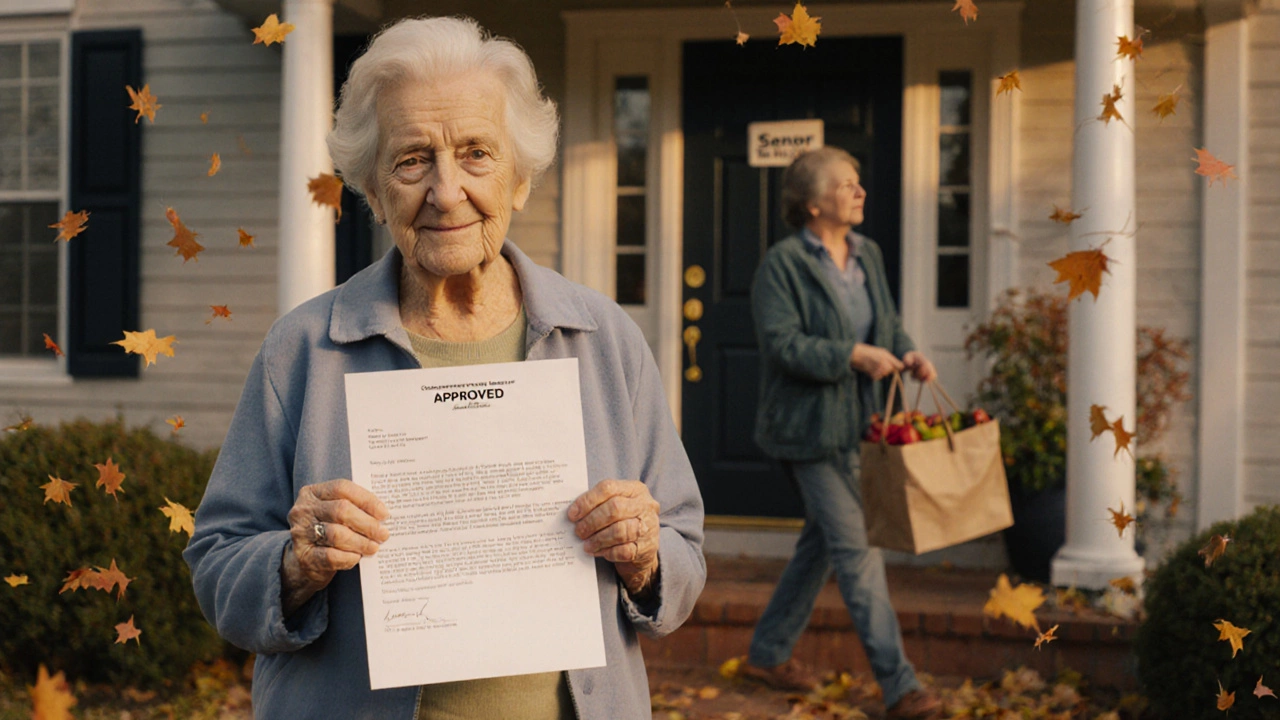 An older woman holding an approval letter for property tax relief outside her Virginia home.