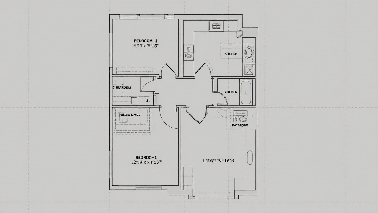 Architectural floor plan of an F1 apartment showing one bedroom, living room, kitchen, and bathroom layout.