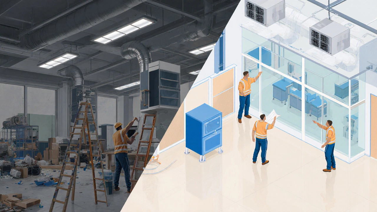 Before‑and‑after view of an office interior being upgraded with new lighting and HVAC.