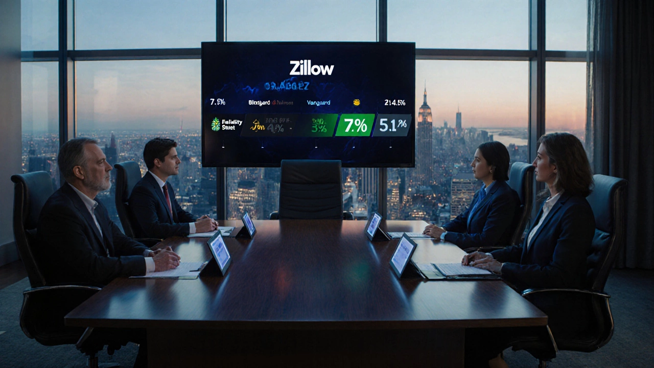 Boardroom with BlackRock, Vanguard and other institutional reps discussing Zillow stakes.