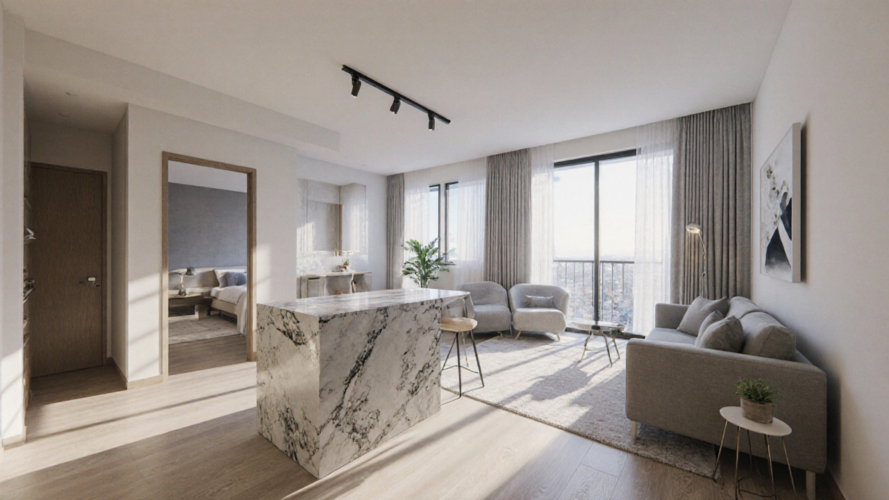 Bright interior of a 2BHK apartment showing open living area and two bedrooms.