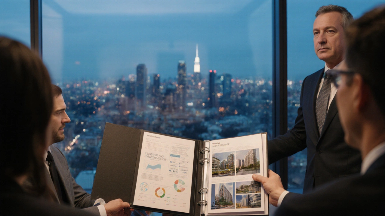 Business professionals reviewing a portfolio of property improvements in a conference room.