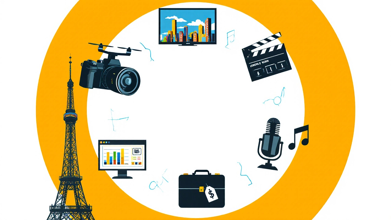 Circular illustration of seven ad cost factors with icons for TV, camera, crew, location, editing, music, and media buying.