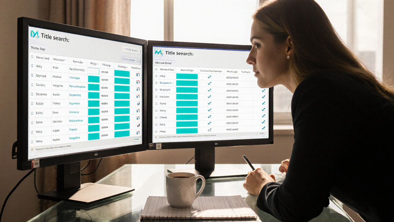 Conveyancer reviewing an online title search with highlighted expiry dates.