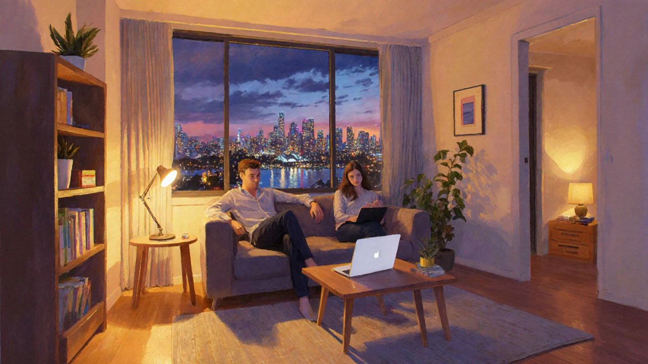 Couple relaxing in a 2BHK living room with Sydney skyline visible at dusk.