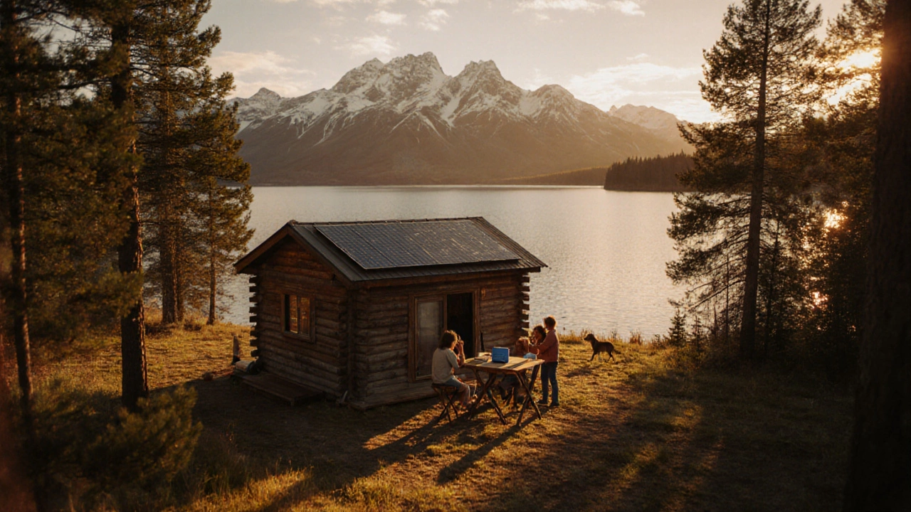 Family cabin by a lake at sunset with solar panels and mountains, illustrating low-cost premium living.