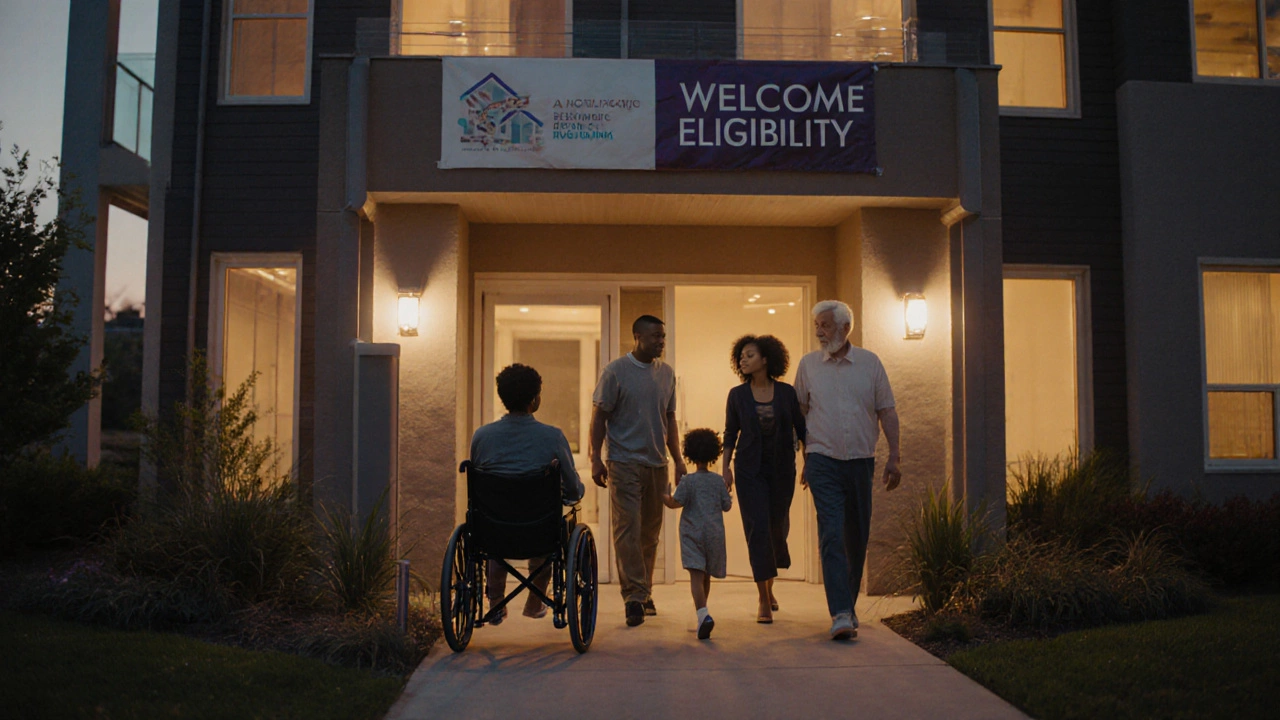 Family entering a well‑lit affordable housing building at dusk, expressing hope.