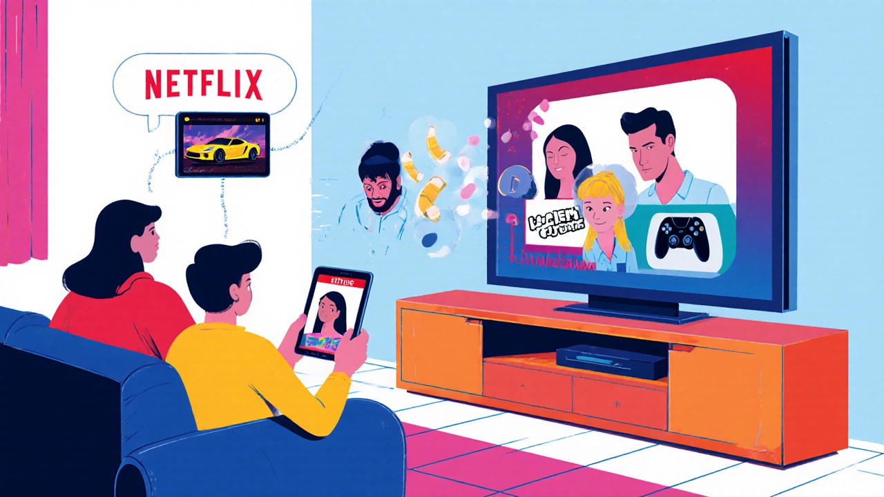 Family watching a personalized TV ad while similar ads appear on streaming devices.