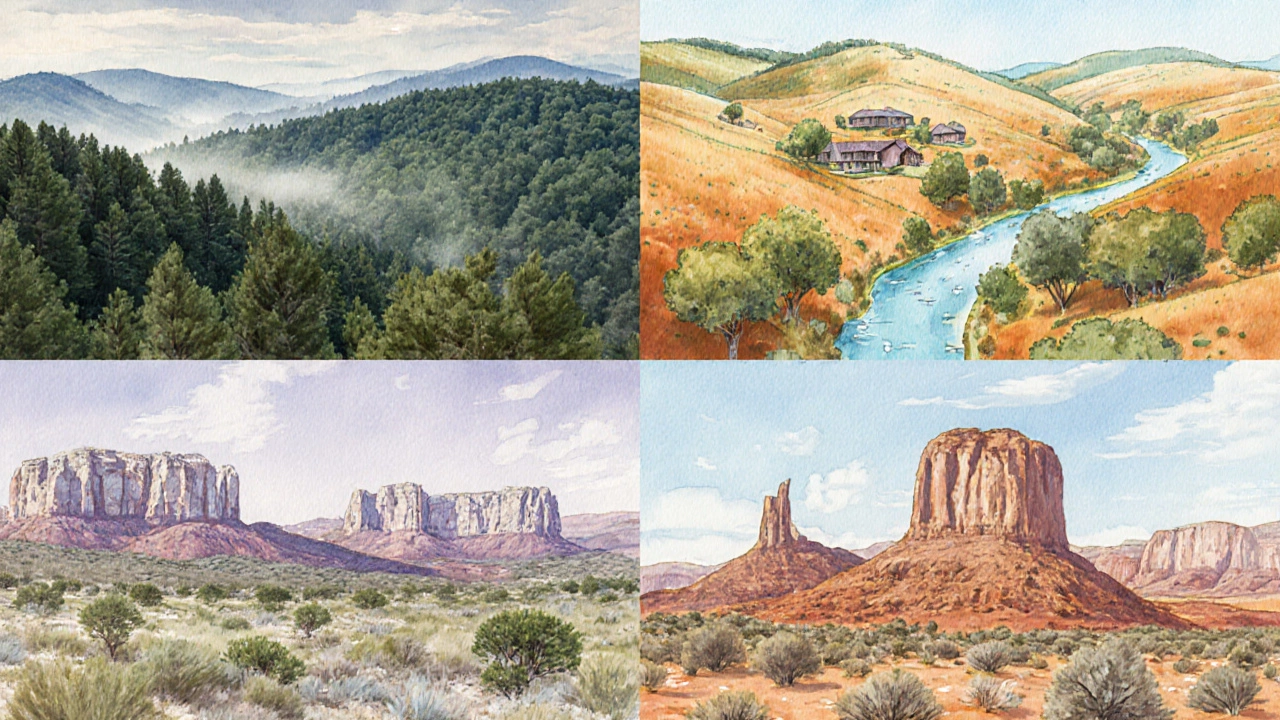 Four watercolor scenes showing Texas forest, suburb, hill country, and desert.