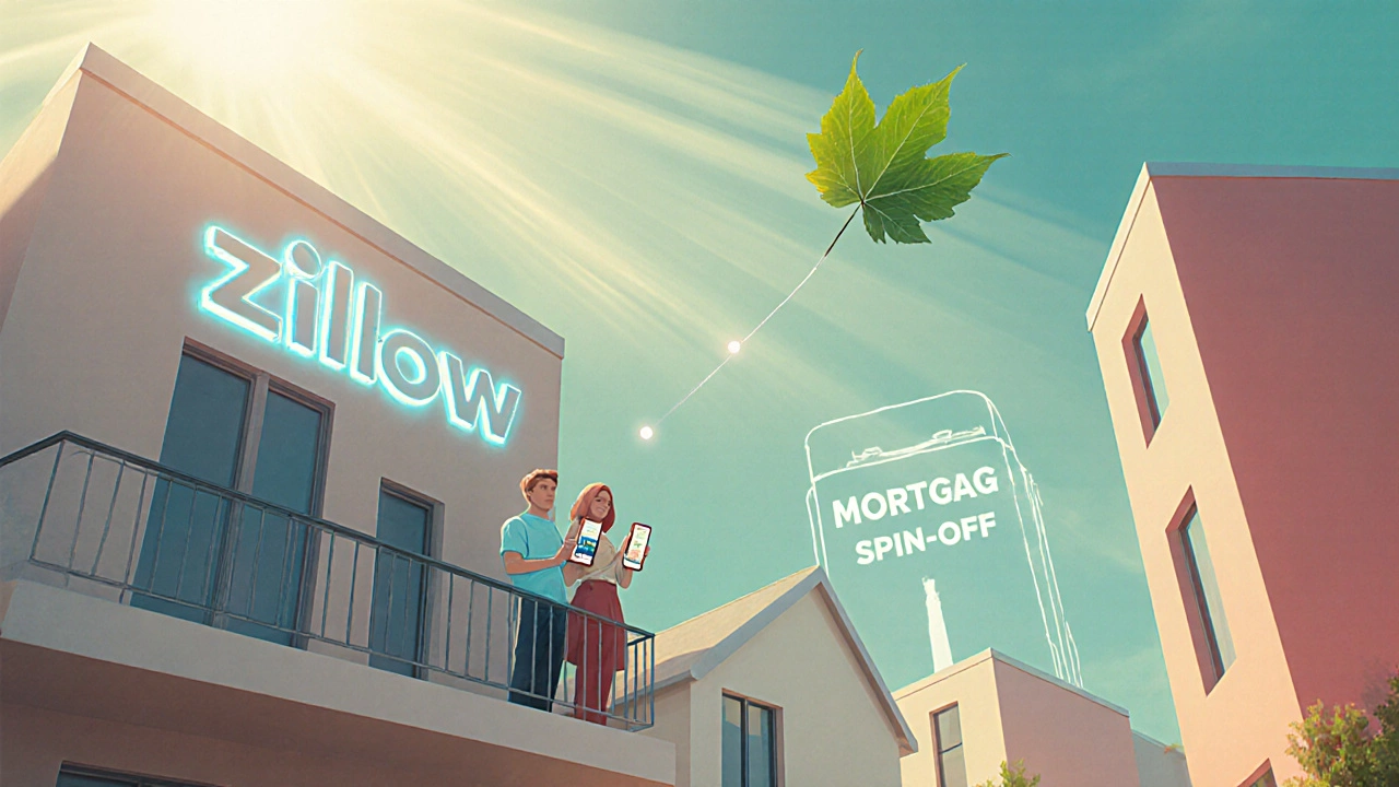 Futuristic street view showing a homebuyer using Zillow, with ESG and mortgage spin‑off symbols.