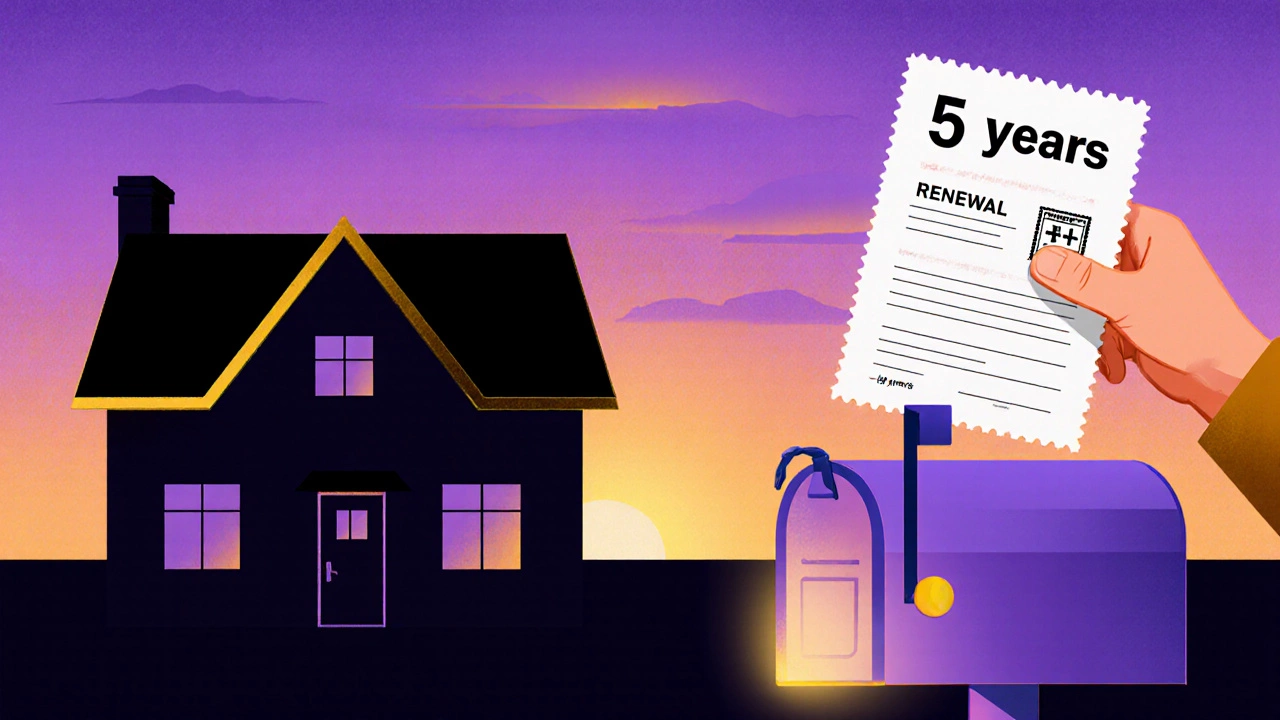 Hand depositing a stamped renewal form as a calendar flips to a new five‑year term.