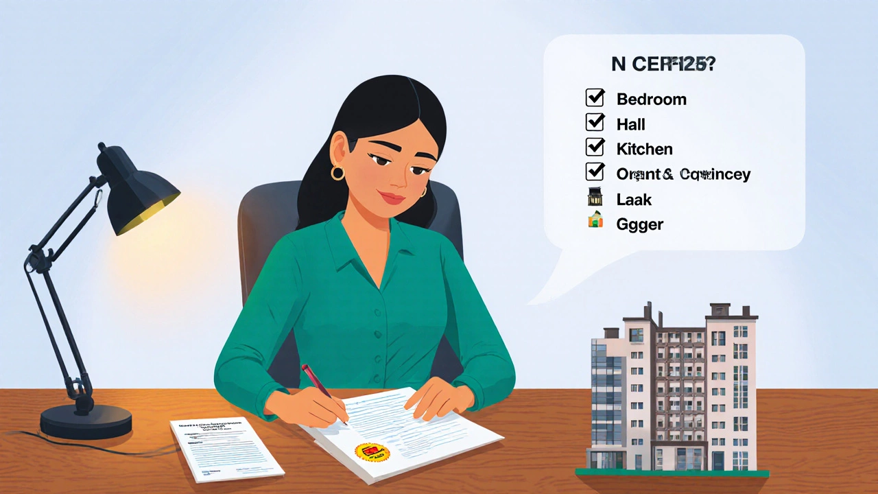 Homebuyer reviewing certificates and a 3D apartment model with a floating checklist in an office.
