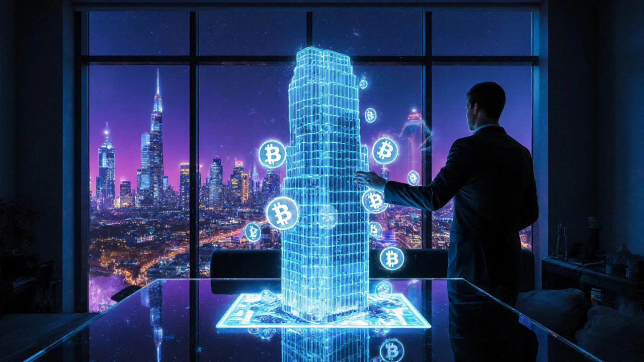 Investor viewing holographic 3D building with crypto tokens in a neon‑lit futuristic loft.