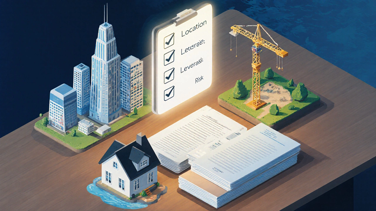 Isometric desk with property models, a checklist, and symbols for ROI factors.