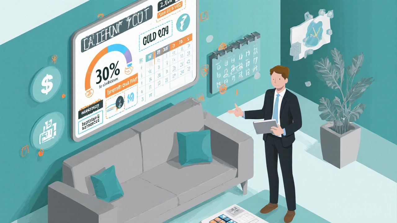 Isometric view of a budgeting workspace with rent‑to‑income gauge and utilities icons.