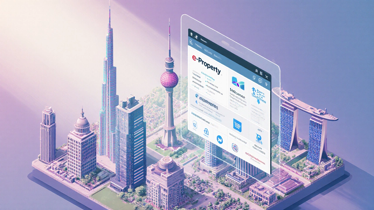 Isometric view of five city skylines with floating digital panels of online property portals.