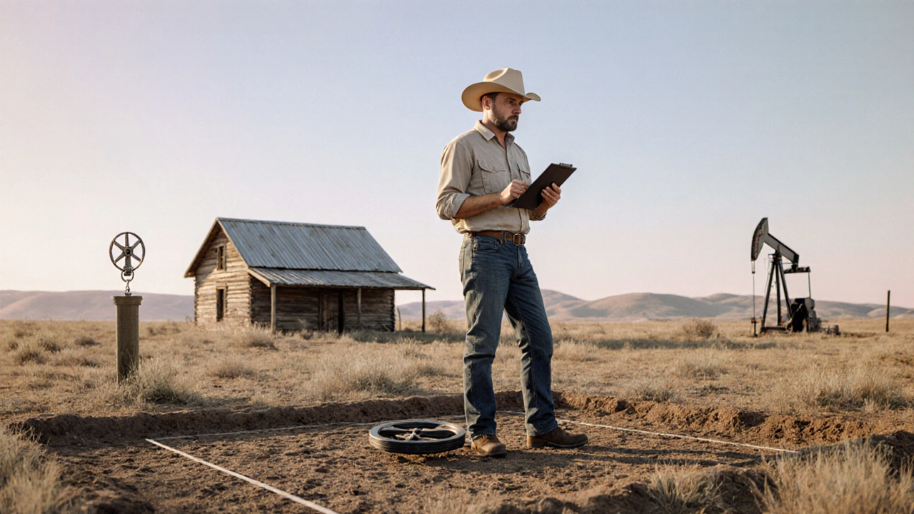 Land appraiser inspecting a rural Texas parcel with farmhouse, well, and pumpjack.