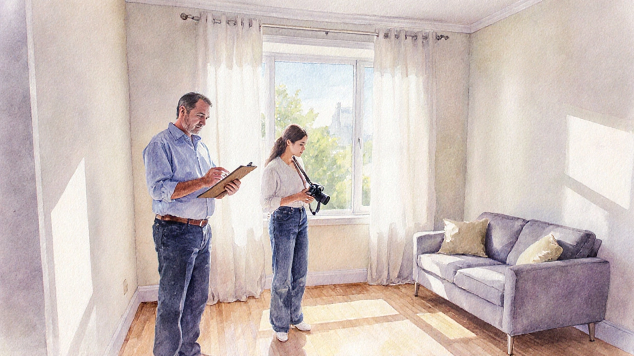 Landlord and tenant inspect living room together, taking photos for move‑out documentation.