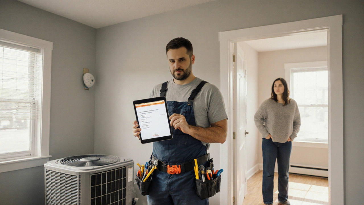Landlord holding a toolkit and tablet in a rental home as a tenant observes nearby.