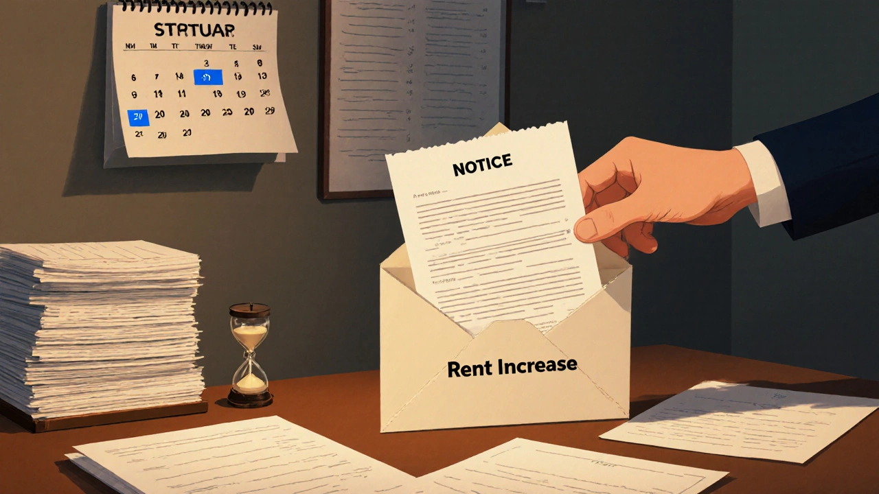 Landlord placing a rent increase notice beside a calendar showing 30 days.