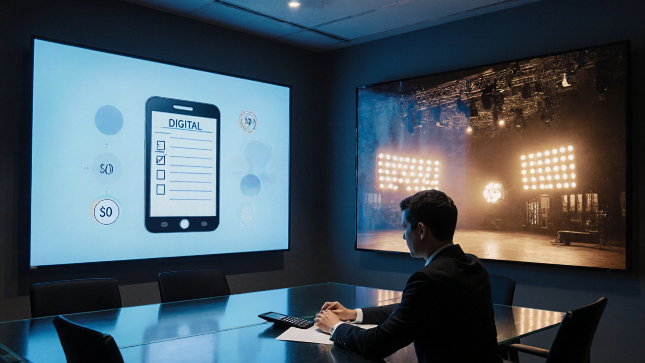 Marketer reviewing a checklist beside screens showing low‑cost digital ad and high‑cost TV studio.