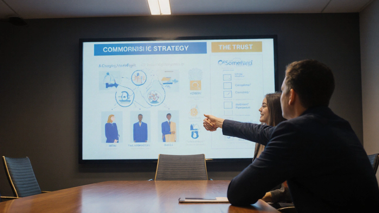 Modern office where an agent presents commission details to a client, shaking hands.