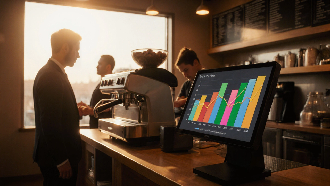 Photorealistic coffee shop scene with barista, POS chart, and landlord reviewing sales.