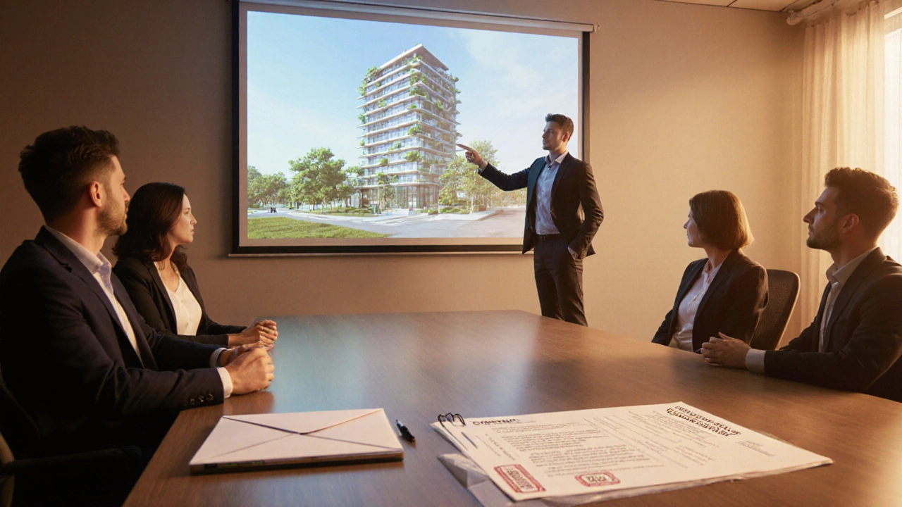 Pitch meeting with 3D tower render, NDA envelope, and patent documents on the table.