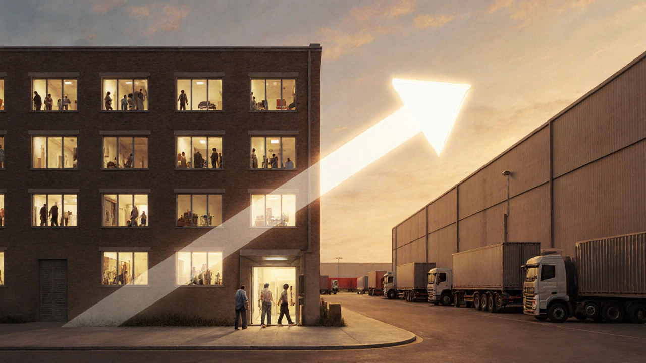 Side‑by‑side view of a residential apartment block and an industrial warehouse with growth arrows.