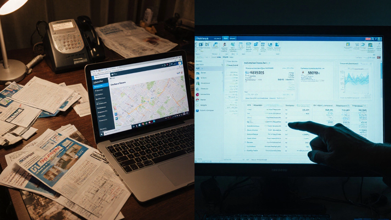 Split-screen comparison: chaotic paper listings versus a clean, data-rich CoStar interface.