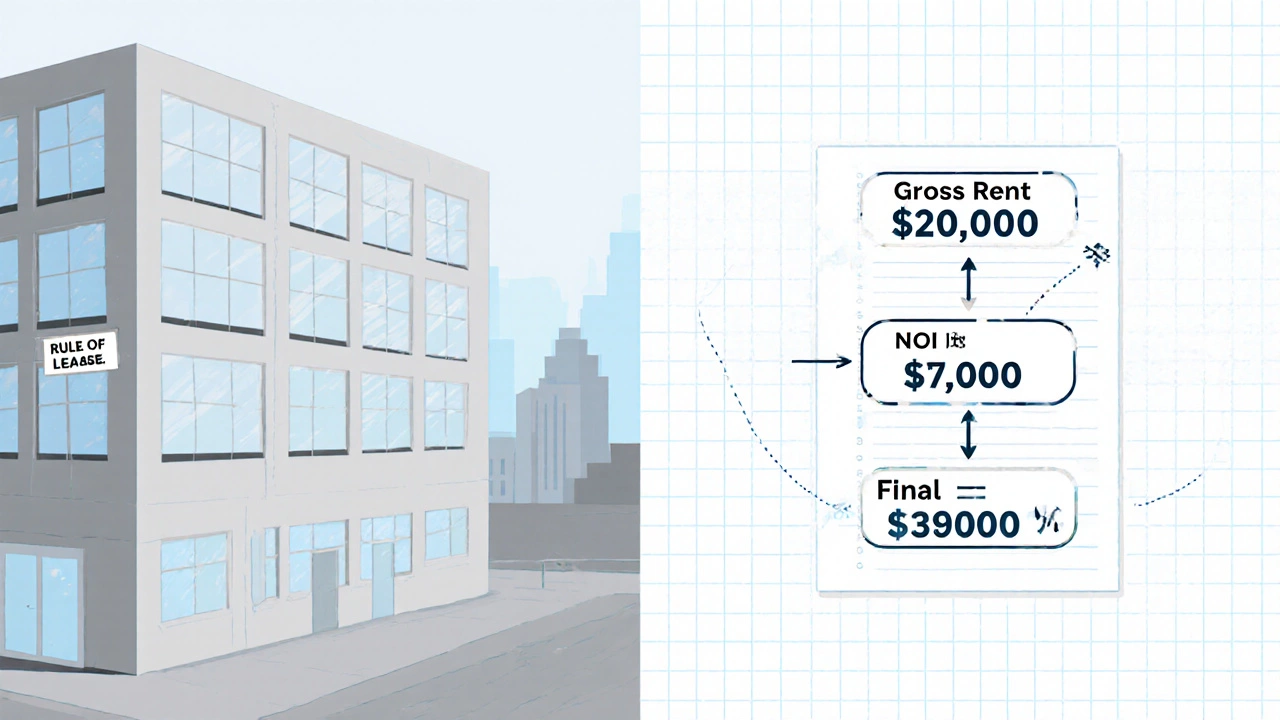 Split view showing an office building and floating calculation blocks for valuation.