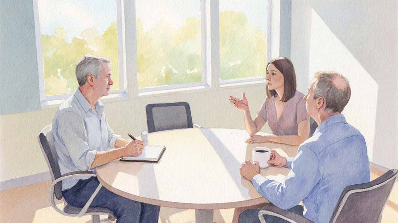 Tenant, landlord, and mediator discuss rent increase at a round table.