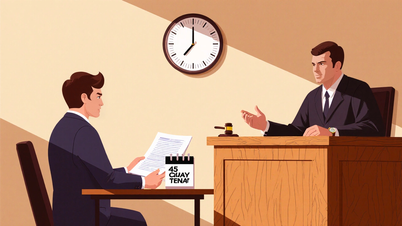 Tenant presents documents to judge in small claims courtroom after deposit deadline missed.