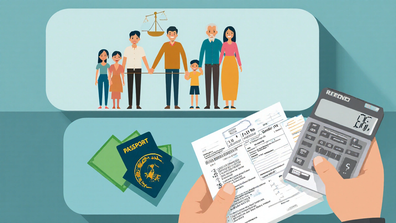 Three-panel illustration showing family size, immigration documents, and income proof.