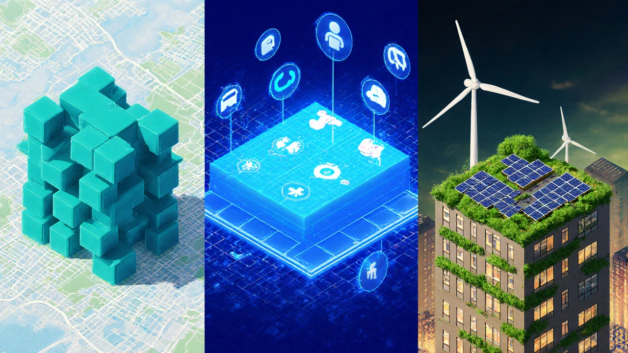 Three panels showing modular design, AI leasing tool, and green rooftop innovation.