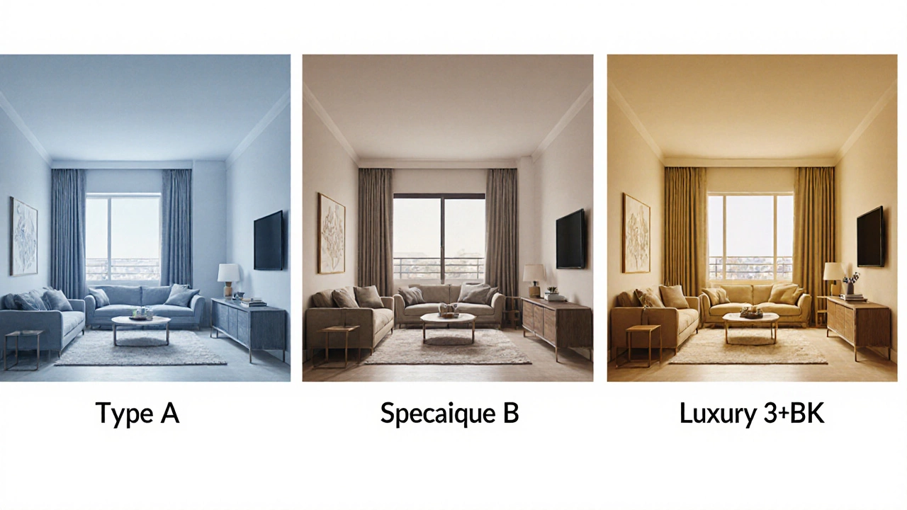 Three side‑by‑side interior views comparing compact Type A, mid‑size Type B, and luxury Type C apartments.