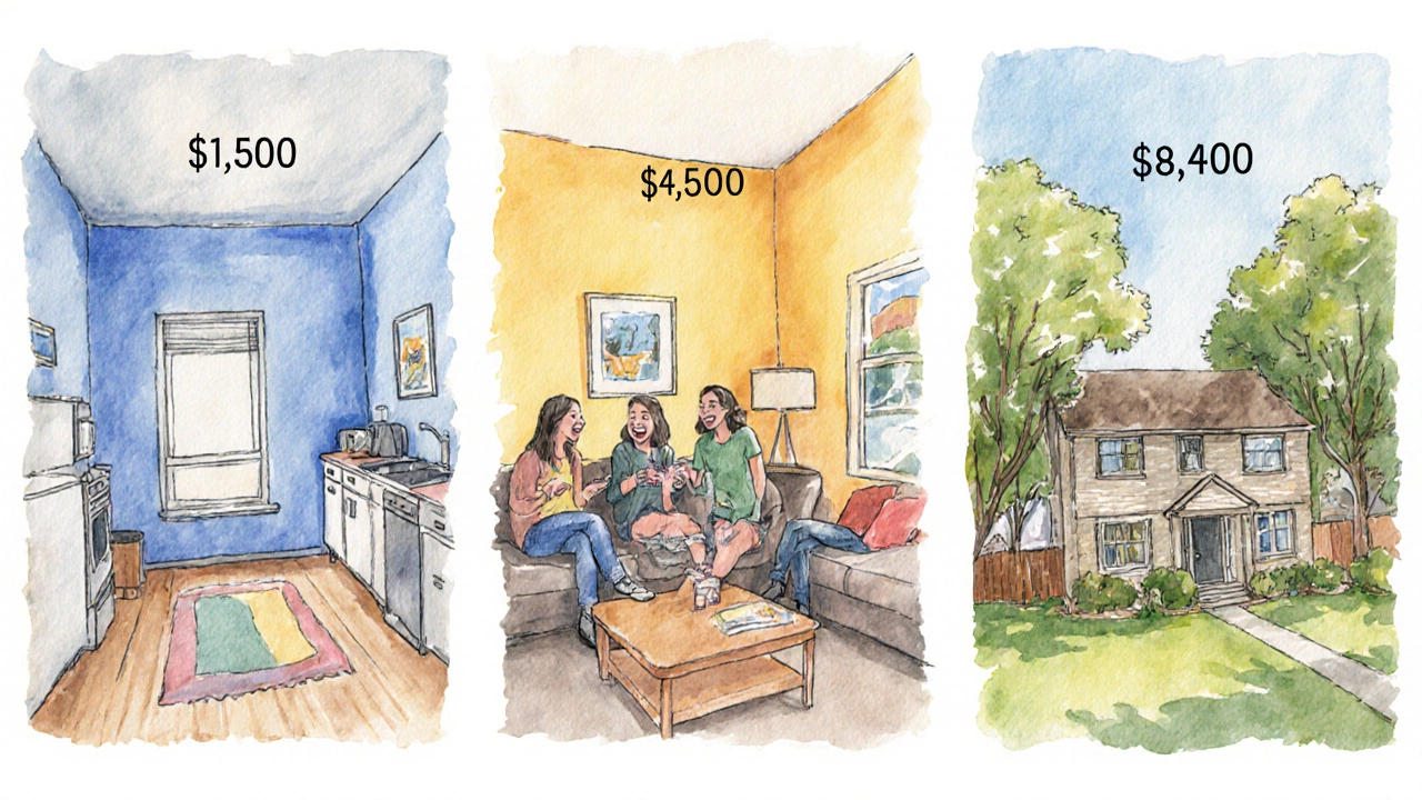 Three watercolor panels showing studio, shared flat, and family home rent scenarios.