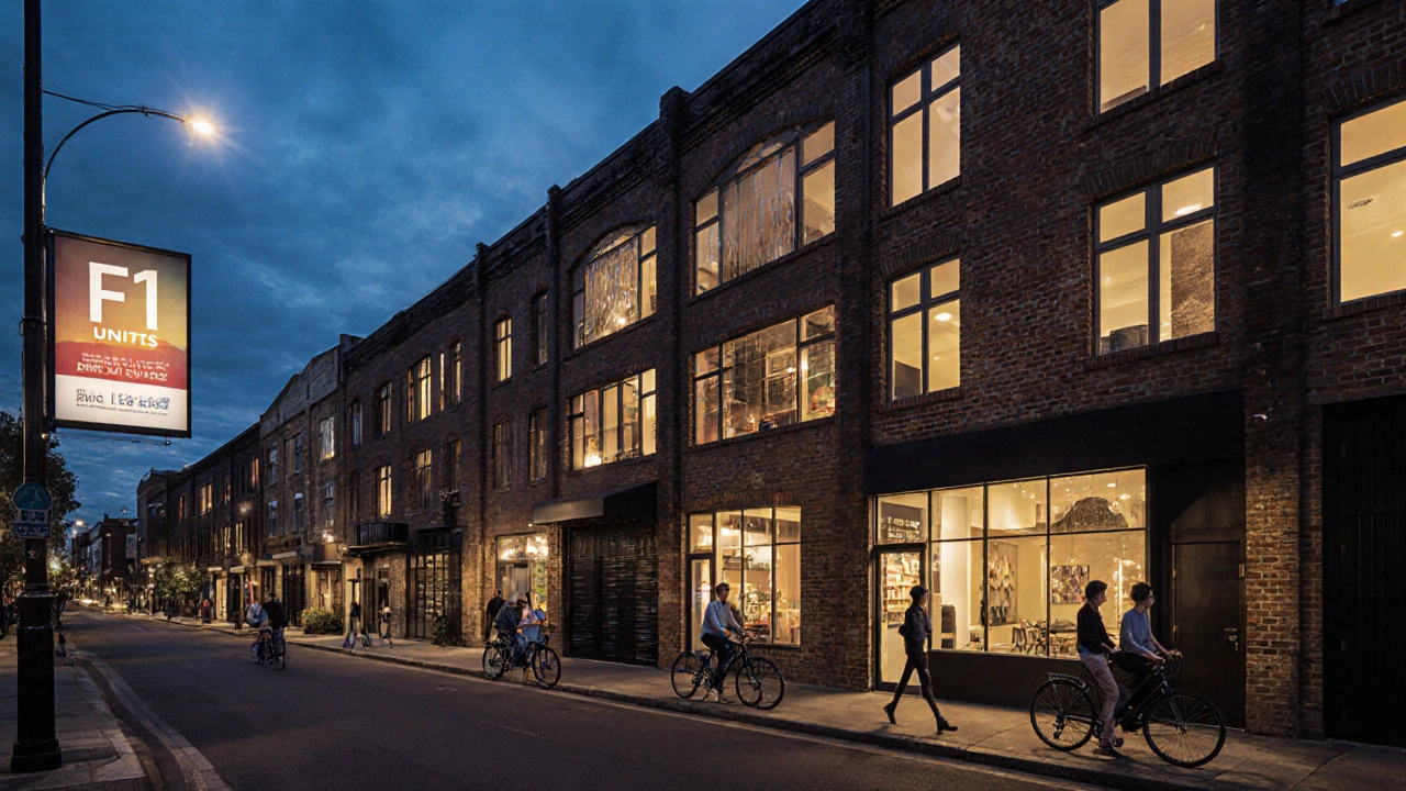 Urban street in Melbourne with converted warehouse buildings featuring F1 apartments and glowing windows at dusk.