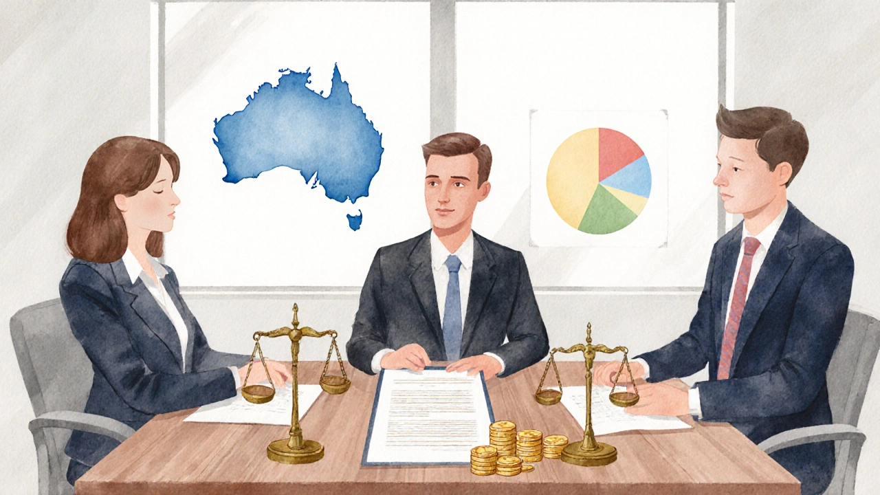 Watercolor office meeting with lease document, scales of justice, and subtle Australian map.