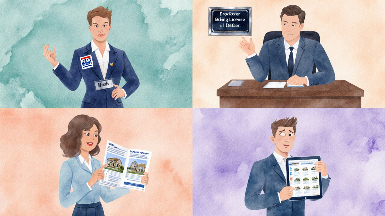 Watercolor panels showing a Realtor, Broker, Listing Agent, and Buyer's Agent with distinct tools.