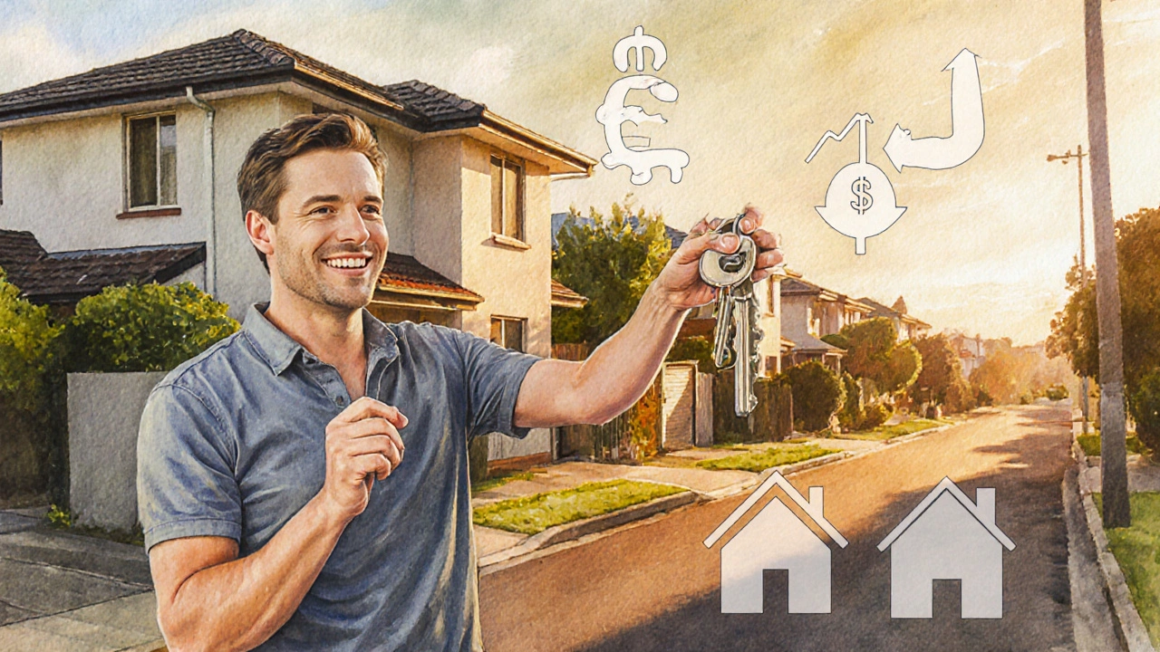 Watercolor scene of a suburban duplex with a happy investor indicating positive cash flow.