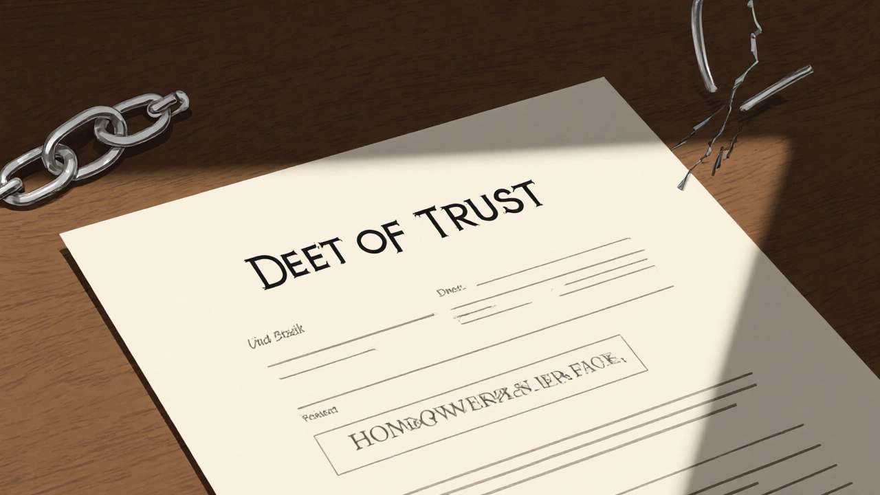 A clean home title deed beside a broken lien symbol, illuminated by sunlight.