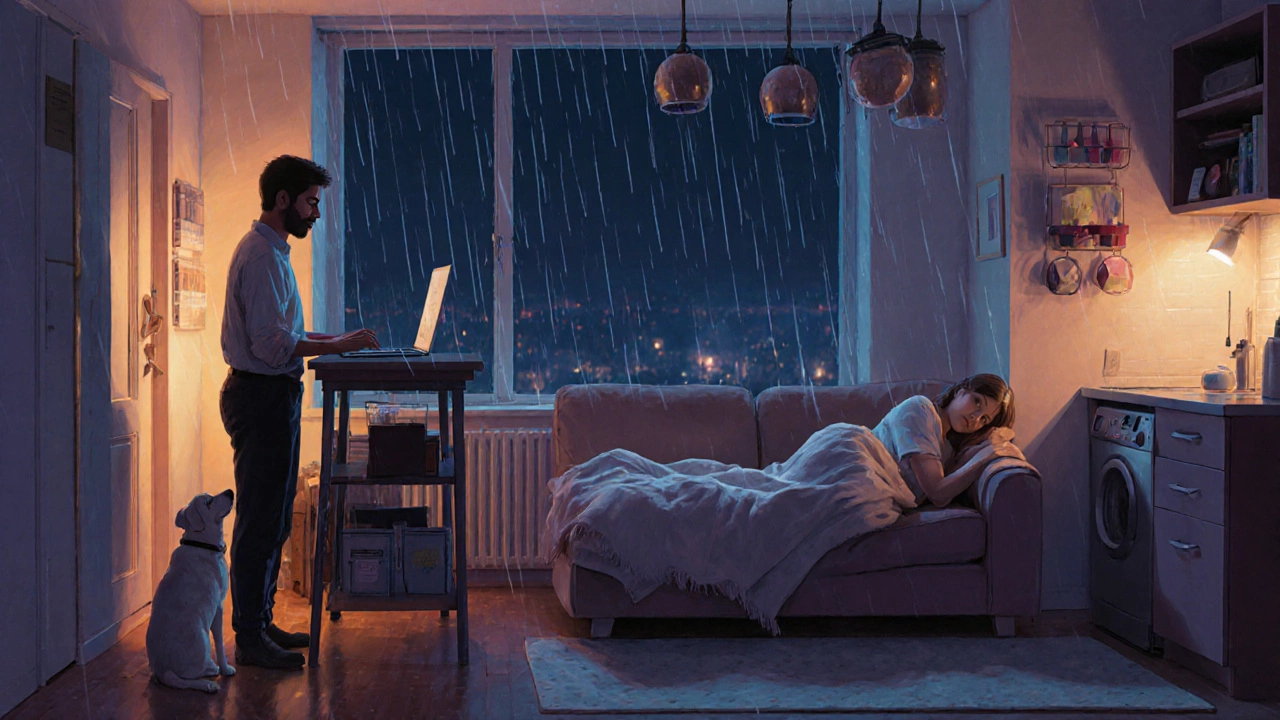A couple relaxing in a small apartment at night, with a dog nearby, using smart storage solutions and warm lighting.