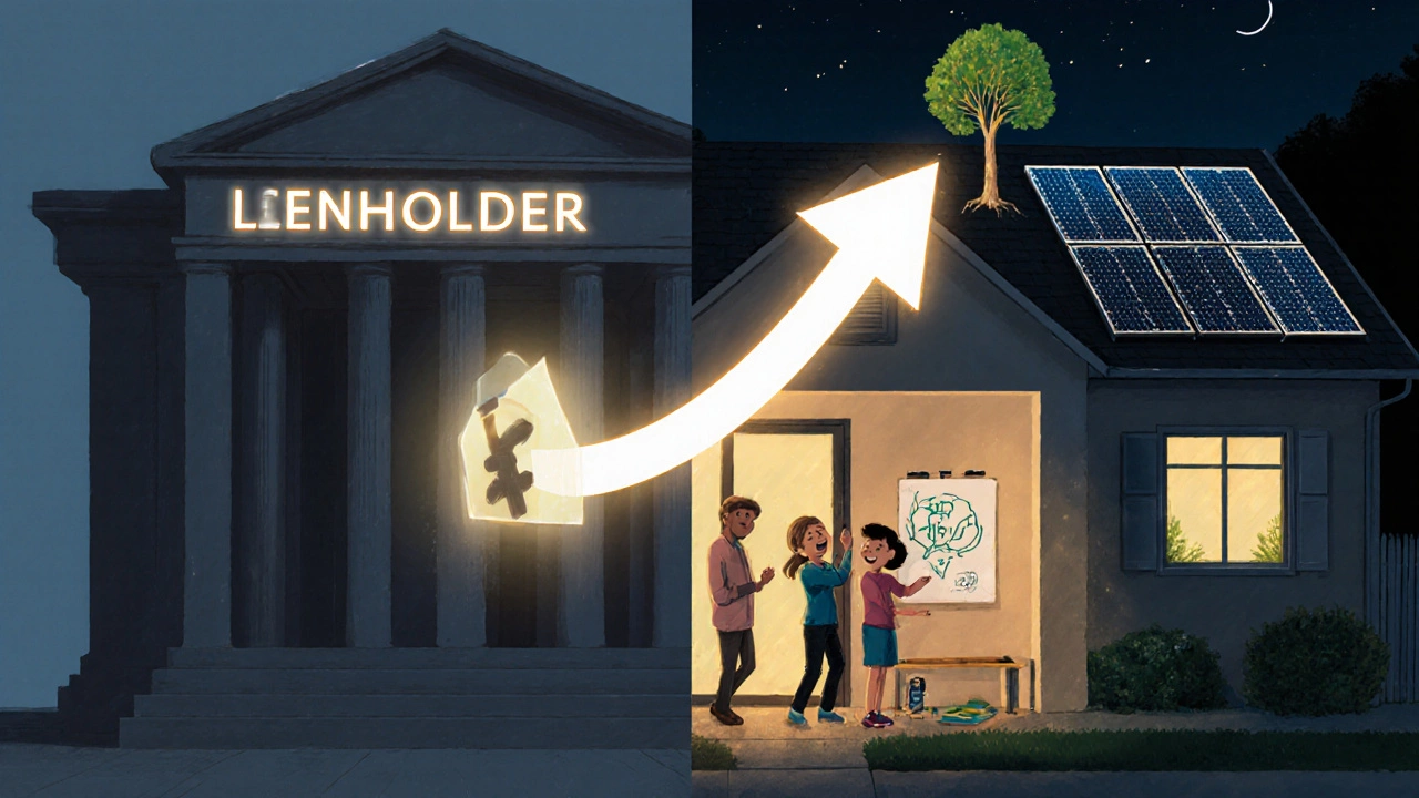 A split scene showing a bank on one side and a lit, lively home on the other.