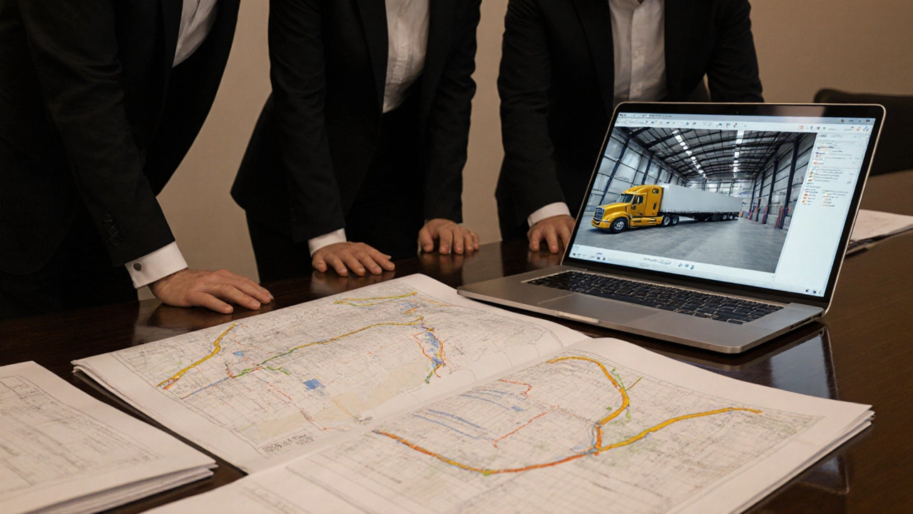 Confidential information memorandum and floor plans on a table with virtual tour displayed on laptop.