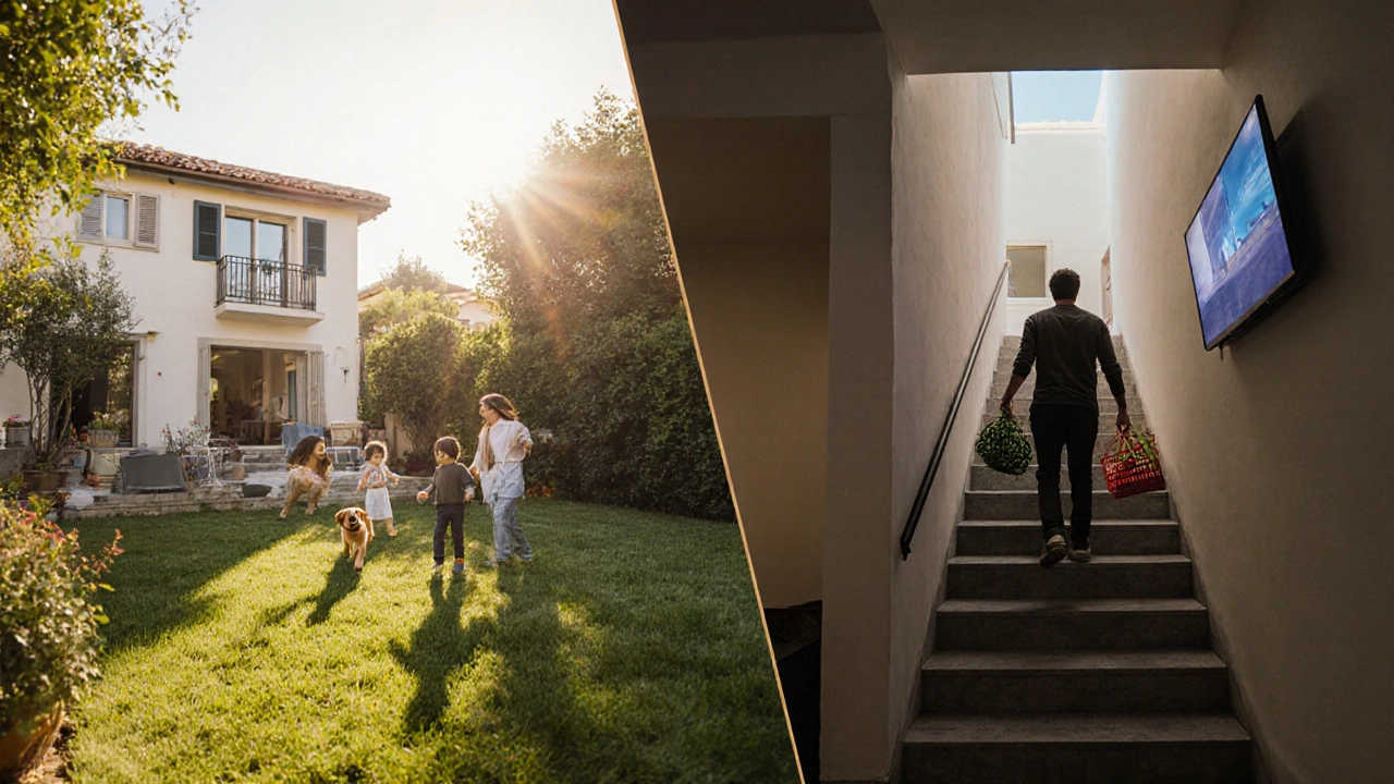 Contrasting scenes: family in villa backyard vs. person climbing stairs in townhouse.