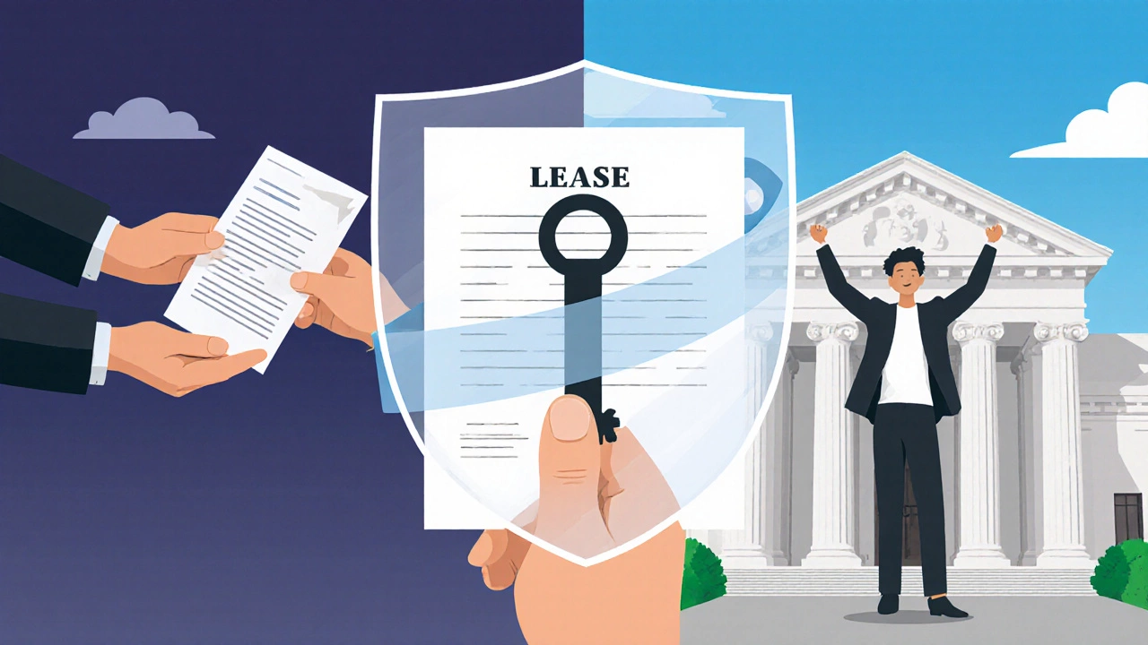 Hand holding key with lease document as shield, symbolizing tenant legal protection