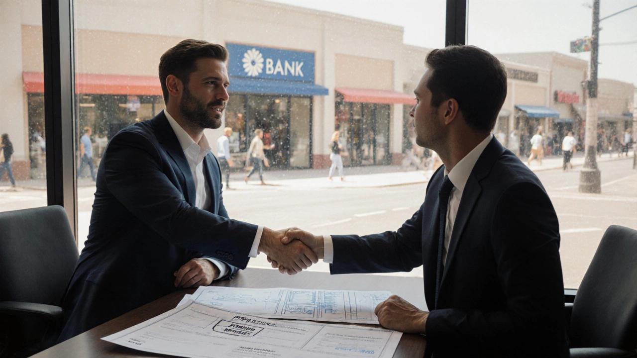 Investor and lender shaking hands with property documents and approved credit report on table.